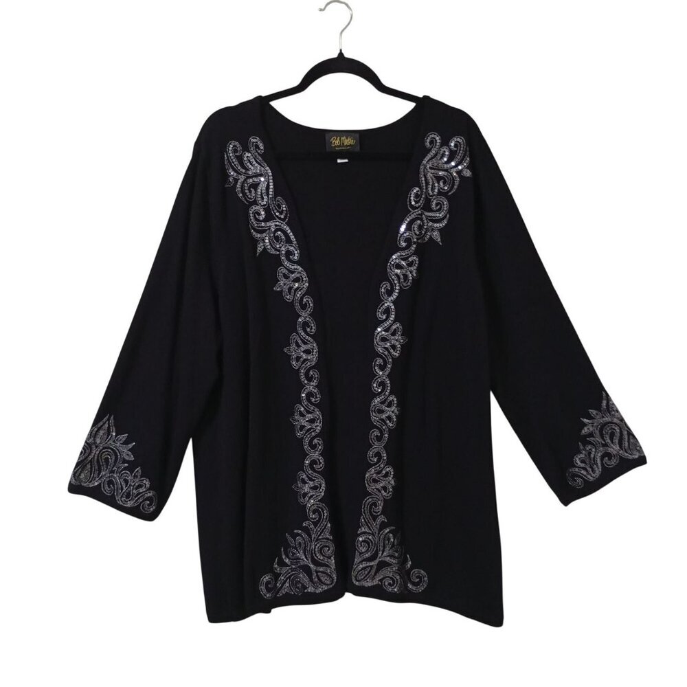 Bob Mackie Wearable Art Cardigan Black Open With Silver Sequin Embellishments XL